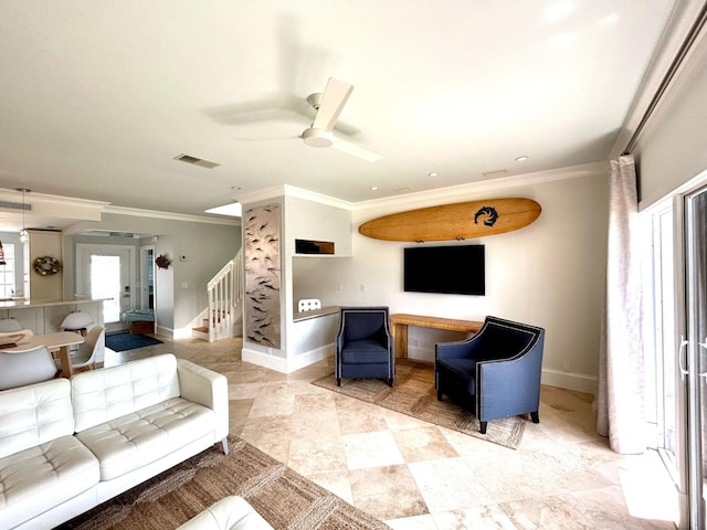 609 NE 19th Ave, Deerfield Beach, FL 33441 - living room with visible vents, crown molding, stairs, and a ceiling fan