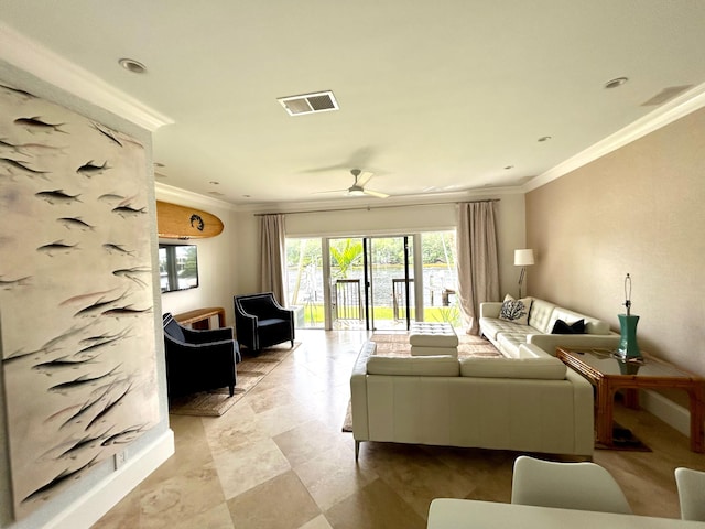609 NE 19th Ave, Deerfield Beach, FL 33441 - living room with visible vents, a ceiling fan, and crown molding