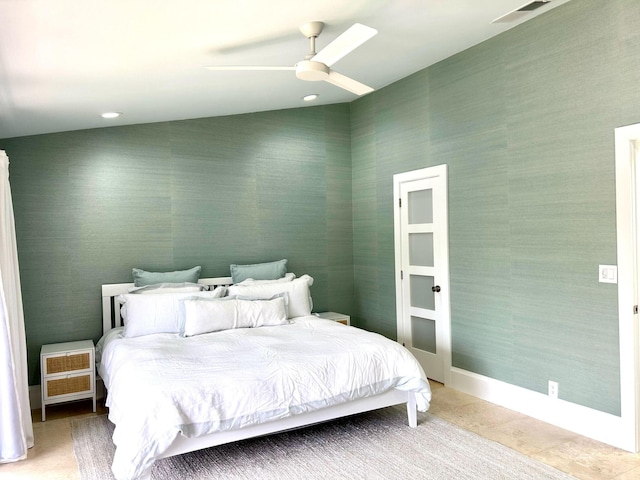 609 NE 19th Ave, Deerfield Beach, FL 33441 - bedroom featuring visible vents, wallpapered walls, baseboards, light tile patterned flooring, and a ceiling fan