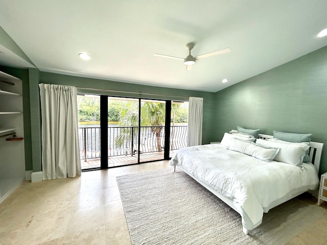 609 NE 19th Ave, Deerfield Beach, FL 33441 - bedroom with baseboards, ceiling fan, lofted ceiling, recessed lighting, and access to outside