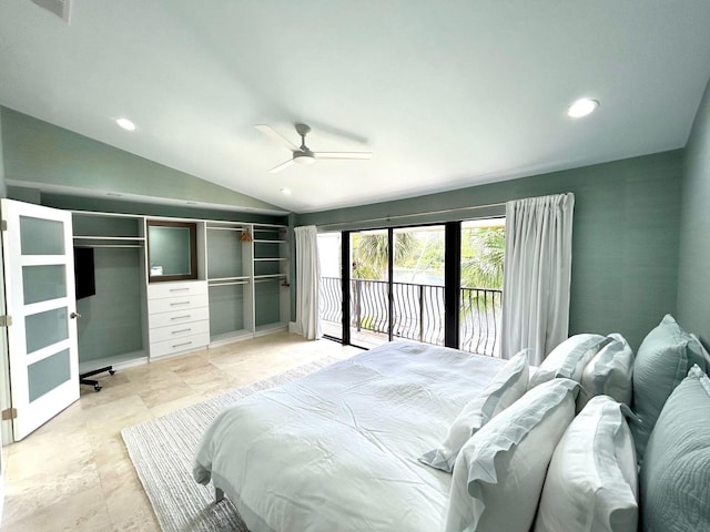 609 NE 19th Ave, Deerfield Beach, FL 33441 - bedroom featuring visible vents, lofted ceiling, recessed lighting, a ceiling fan, and access to outside
