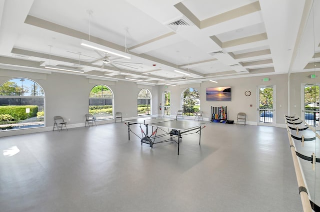 game room with visible vents, baseboards, coffered ceiling, and a ceiling fan