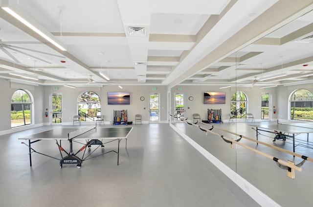 recreation room featuring baseboards, visible vents, coffered ceiling, and ceiling fan