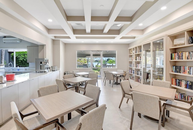 dining room featuring visible vents, a wall mounted air conditioner, beam ceiling, light tile patterned flooring, and coffered ceiling