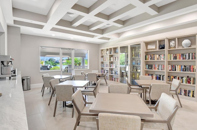 dining room featuring light tile patterned floors, baseboards, visible vents, coffered ceiling, and beamed ceiling