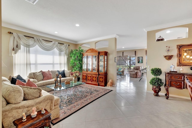 living area with light tile patterned floors, baseboards, recessed lighting, and crown molding