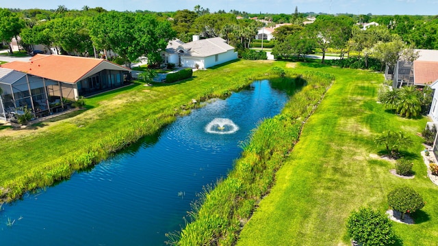 aerial view featuring a water view