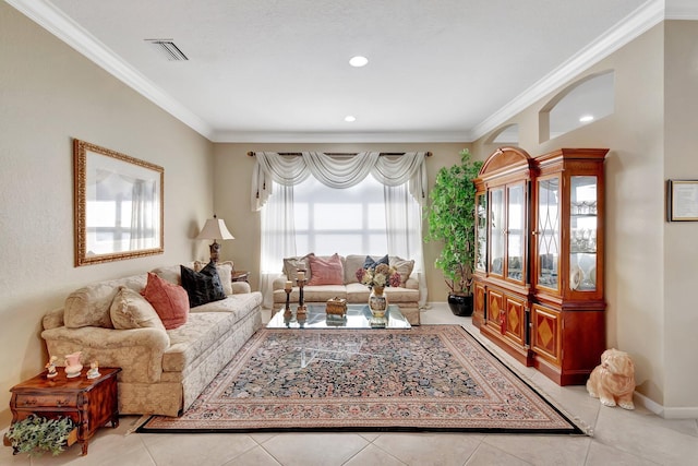 living area featuring baseboards, visible vents, light tile patterned flooring, recessed lighting, and ornamental molding