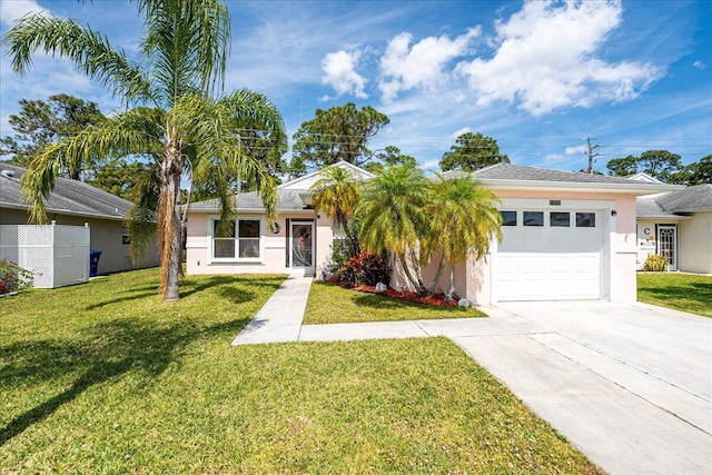 view of front of house featuring stucco siding, an attached garage, concrete driveway, and a front yard