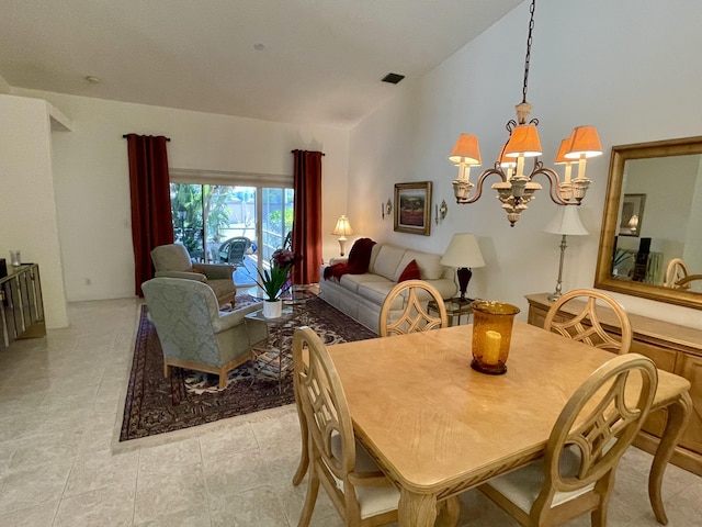 dining space featuring an inviting chandelier, light tile patterned flooring, visible vents, and high vaulted ceiling