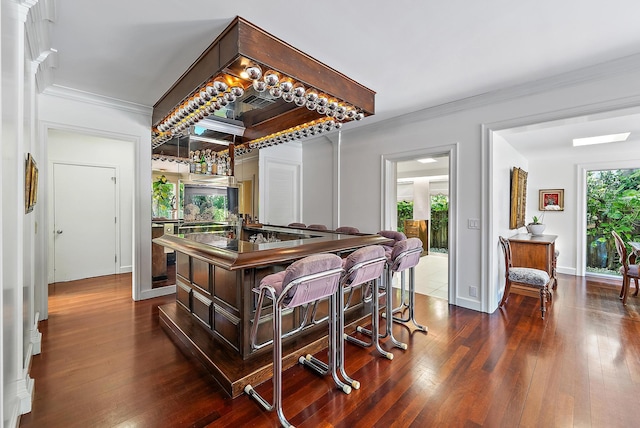 bar with a wealth of natural light, a bar, wood-type flooring, and ornamental molding