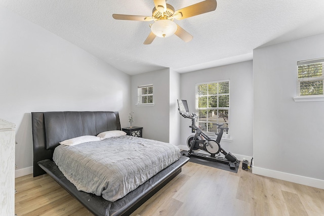 bedroom featuring baseboards, multiple windows, and light wood-style flooring