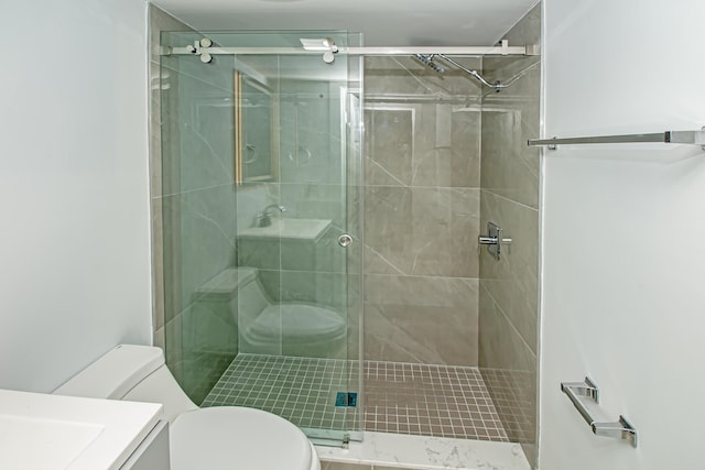 full bath featuring vanity, toilet, and a shower stall