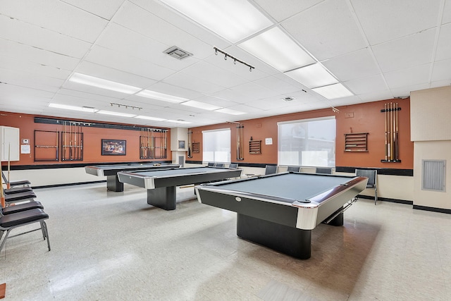 game room featuring tile patterned floors, baseboards, a paneled ceiling, and billiards