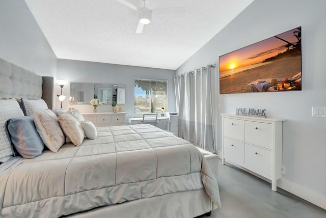 9238 E Vineland Ct E Unit E, Boca Raton, FL 33496 - bedroom featuring baseboards, lofted ceiling, a textured ceiling, and ceiling fan