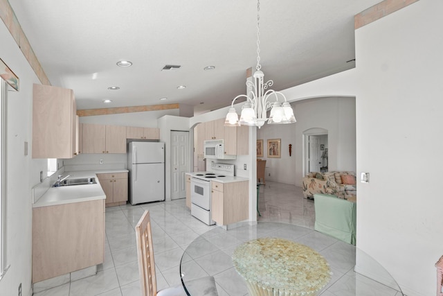 7267 Modena Dr, Boynton Beach, FL 33437 - dining area featuring visible vents, light tile patterned flooring, arched walkways, vaulted ceiling, and a notable chandelier