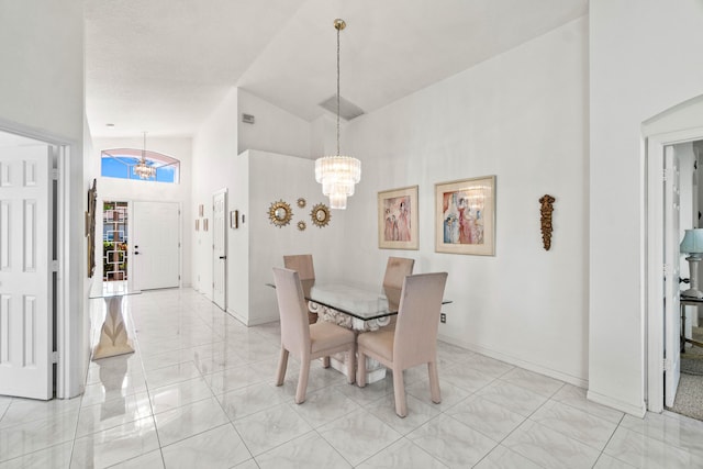 7267 Modena Dr, Boynton Beach, FL 33437 - dining room with an inviting chandelier, baseboards, and high vaulted ceiling