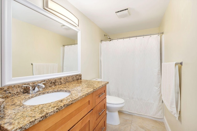 full bath with visible vents, toilet, shower / bath combo with shower curtain, tile patterned floors, and vanity