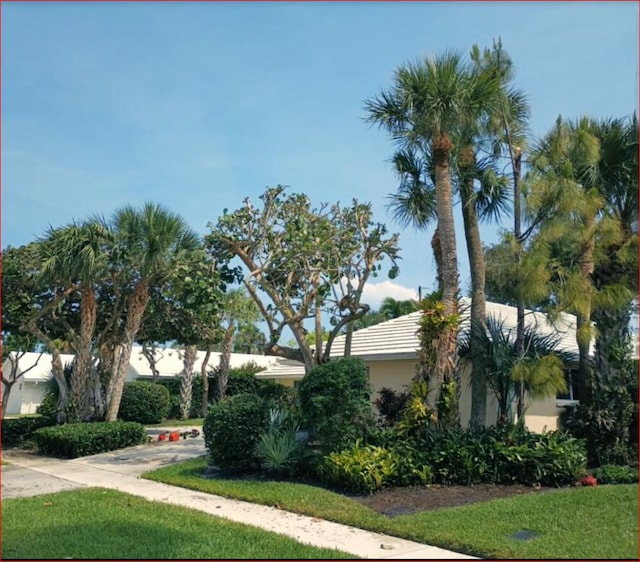 view of property exterior with a lawn and stucco siding