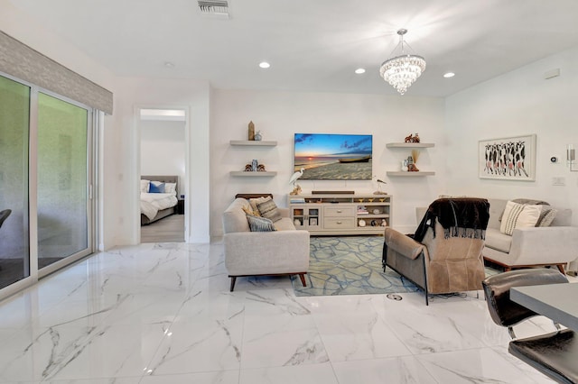 7855 Wildflower Shores Dr, Delray Beach, FL 33446 - living area featuring an inviting chandelier, recessed lighting, and marble finish floor