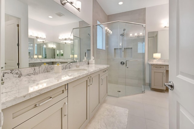 7855 Wildflower Shores Dr, Delray Beach, FL 33446 - full bathroom featuring visible vents, vanity, and a shower stall