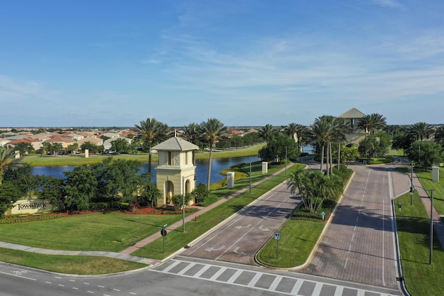 drone / aerial view featuring a water view