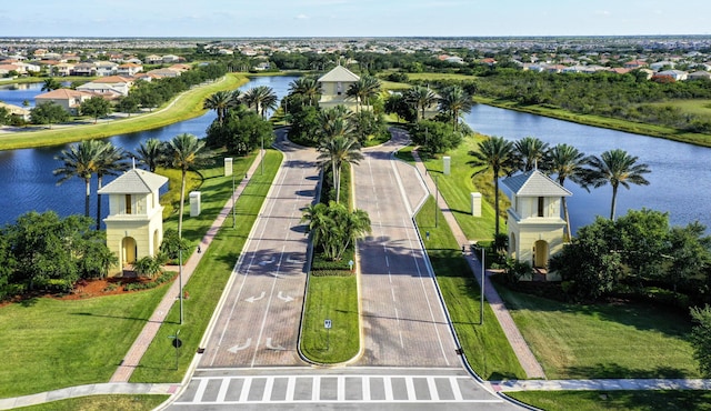 bird's eye view with a water view