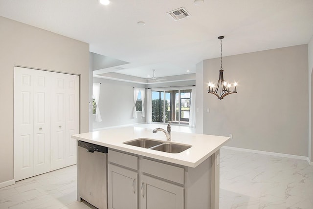 kitchen featuring a sink, visible vents, stainless steel dishwasher, and marble finish floor