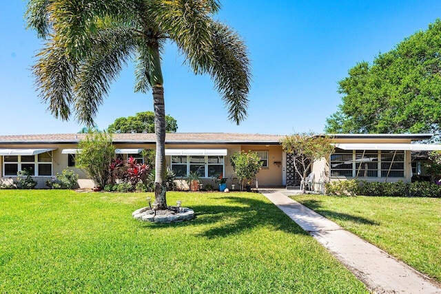 ranch-style house featuring stucco siding and a front yard