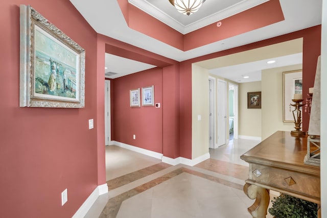 3620 Gardens Pkwy Unit 1001B, Palm Beach Gardens, FL 33410 - entrance foyer with baseboards, recessed lighting, tile patterned flooring, inlaid floor details, and ornamental molding