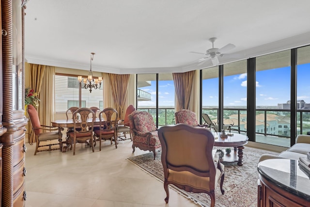 3620 Gardens Pkwy Unit 1001B, Palm Beach Gardens, FL 33410 - living room with a chandelier, plenty of natural light, ceiling fan, a wall of windows, and ornamental molding
