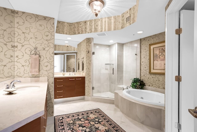 3620 Gardens Pkwy Unit 1001B, Palm Beach Gardens, FL 33410 - bathroom featuring two vanities, wallpapered walls, a stall shower, and a whirlpool tub