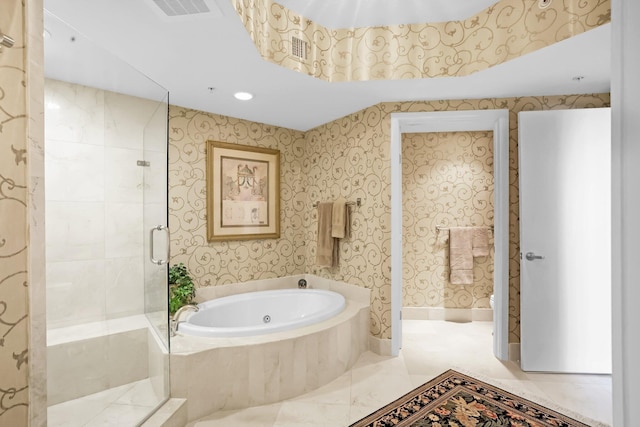 3620 Gardens Pkwy Unit 1001B, Palm Beach Gardens, FL 33410 - bathroom featuring a bath, a stall shower, recessed lighting, and toilet
