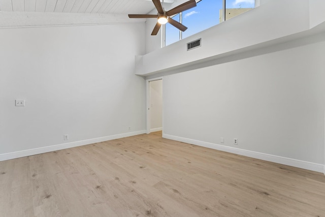 empty room with wood finished floors, a ceiling fan, visible vents, baseboards, and beam ceiling