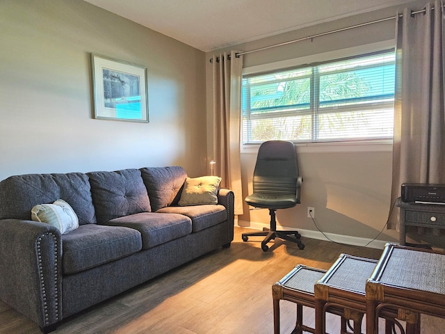 living area featuring baseboards and wood finished floors