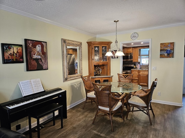 dining room with crown molding and dark wood-style flooring