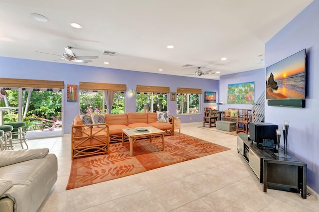 110 Dolphin Rd, Ocean Ridge, FL 33435 - living room with ceiling fan, healthy amount of natural light, light tile patterned floors, and recessed lighting