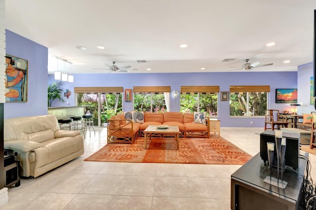 110 Dolphin Rd, Ocean Ridge, FL 33435 - living room featuring ceiling fan, plenty of natural light, recessed lighting, and light tile patterned floors