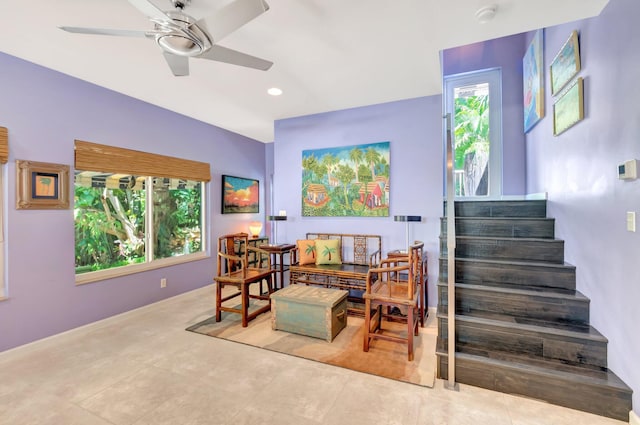 110 Dolphin Rd, Ocean Ridge, FL 33435 - sitting room featuring healthy amount of natural light, a ceiling fan, stairway, recessed lighting, and tile patterned flooring