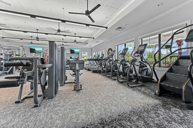 exercise room with visible vents and ceiling fan