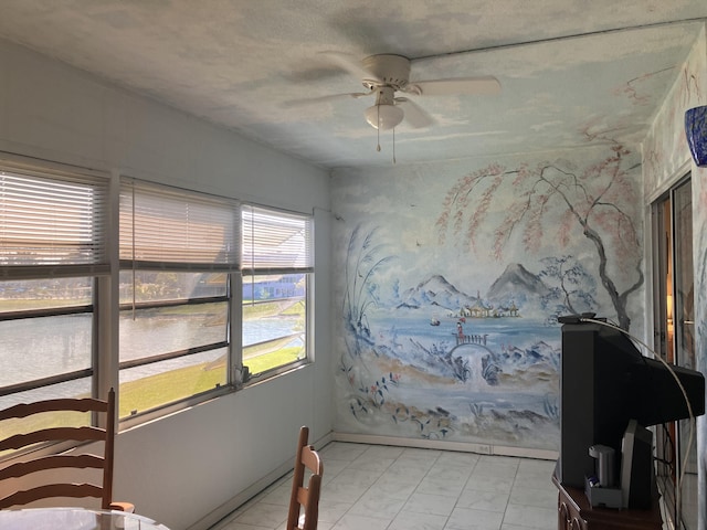 interior space featuring a water view