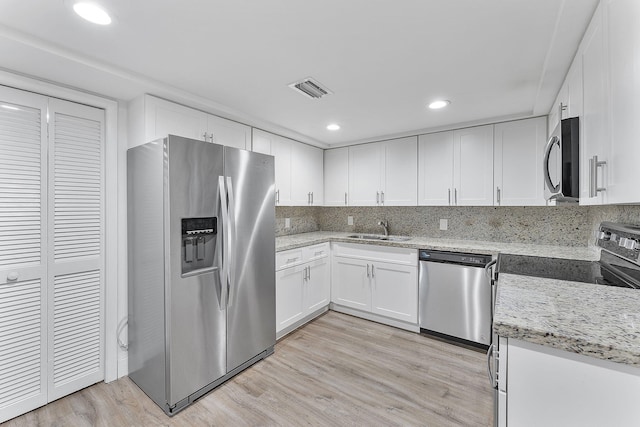 kitchen with visible vents, light wood finished floors, a sink, white cabinets, and appliances with stainless steel finishes