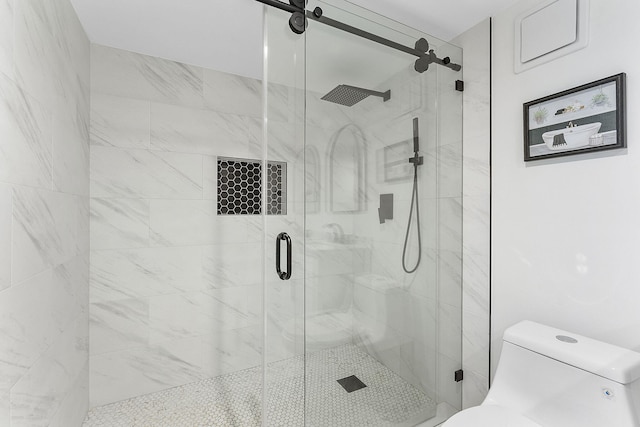 full bathroom featuring toilet and a shower stall