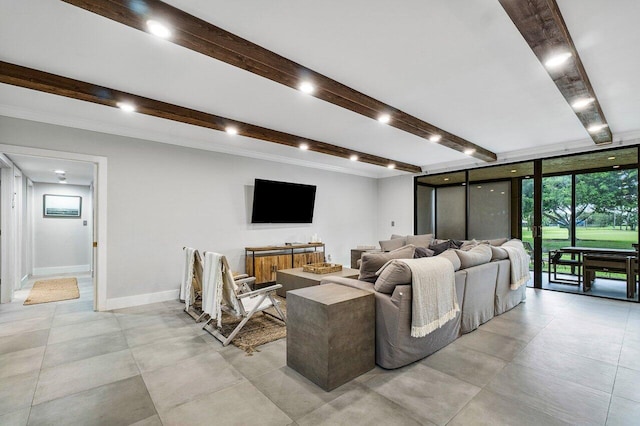 living room with beamed ceiling, floor to ceiling windows, and baseboards