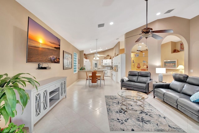 12589 Via Ravenna, Boynton Beach, FL 33436 - living area featuring lofted ceiling, a ceiling fan, and visible vents