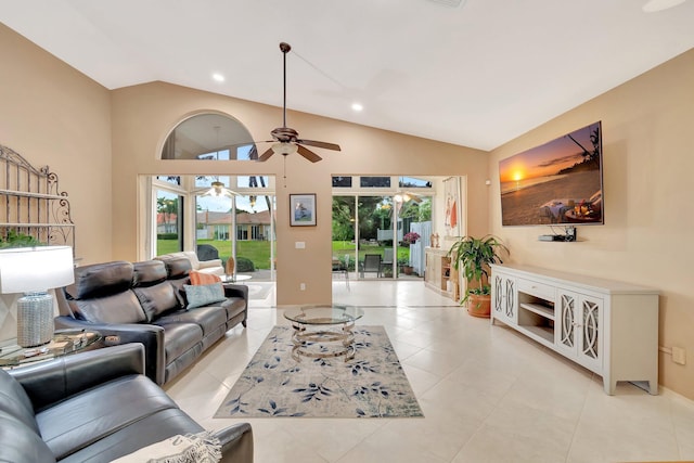 12589 Via Ravenna, Boynton Beach, FL 33436 - living room with light tile patterned floors, high vaulted ceiling, ceiling fan, and recessed lighting