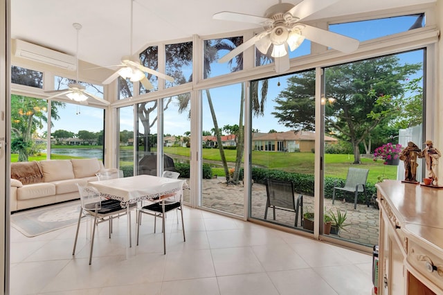 12589 Via Ravenna, Boynton Beach, FL 33436 - sunroom / solarium with a wall unit AC, a ceiling fan, and a water view