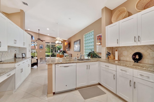 12589 Via Ravenna, Boynton Beach, FL 33436 - kitchen featuring light tile patterned floors, a ceiling fan, a peninsula, a sink, and dishwasher