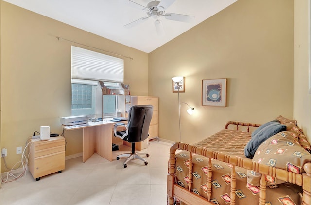 12589 Via Ravenna, Boynton Beach, FL 33436 - bedroom with vaulted ceiling, light tile patterned flooring, baseboards, and ceiling fan
