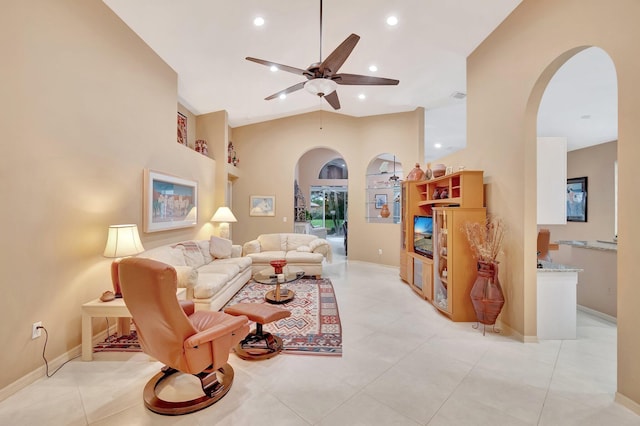 12589 Via Ravenna, Boynton Beach, FL 33436 - living area with light tile patterned floors, recessed lighting, arched walkways, high vaulted ceiling, and a ceiling fan